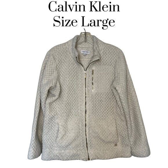 Calvin Klein Women’s Off-White Textured Fleece Zip Jacket Size Large EUC - Picture 2 of 10